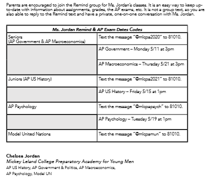 Ms. Jordan Remind & AP Exam Dates Codes 